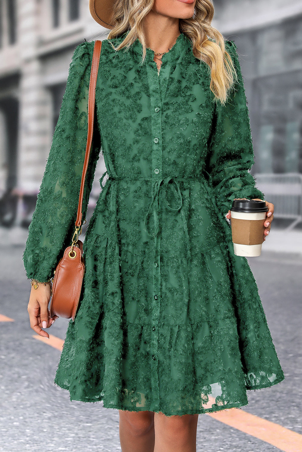 Dark Green Jacquard Long Sleeve Dress