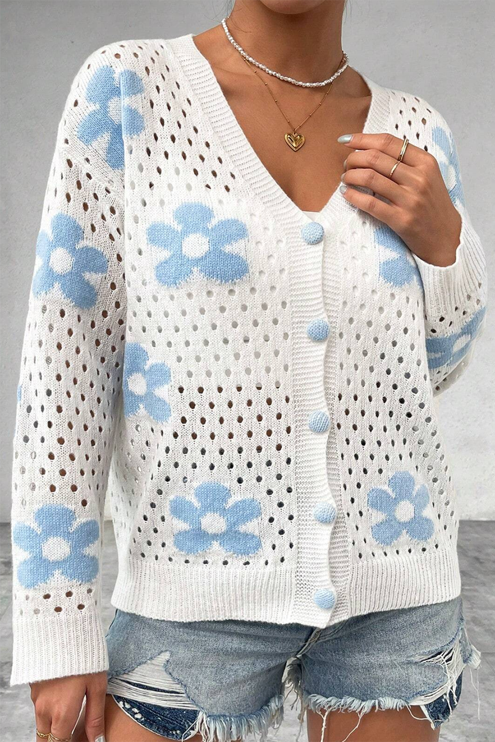 White Cute Flower Hollow Out Knit Short Cardigan