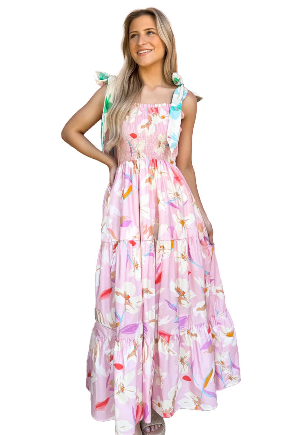 Pink Floral Print Knotted Shoulder Smocked Maxi Dress