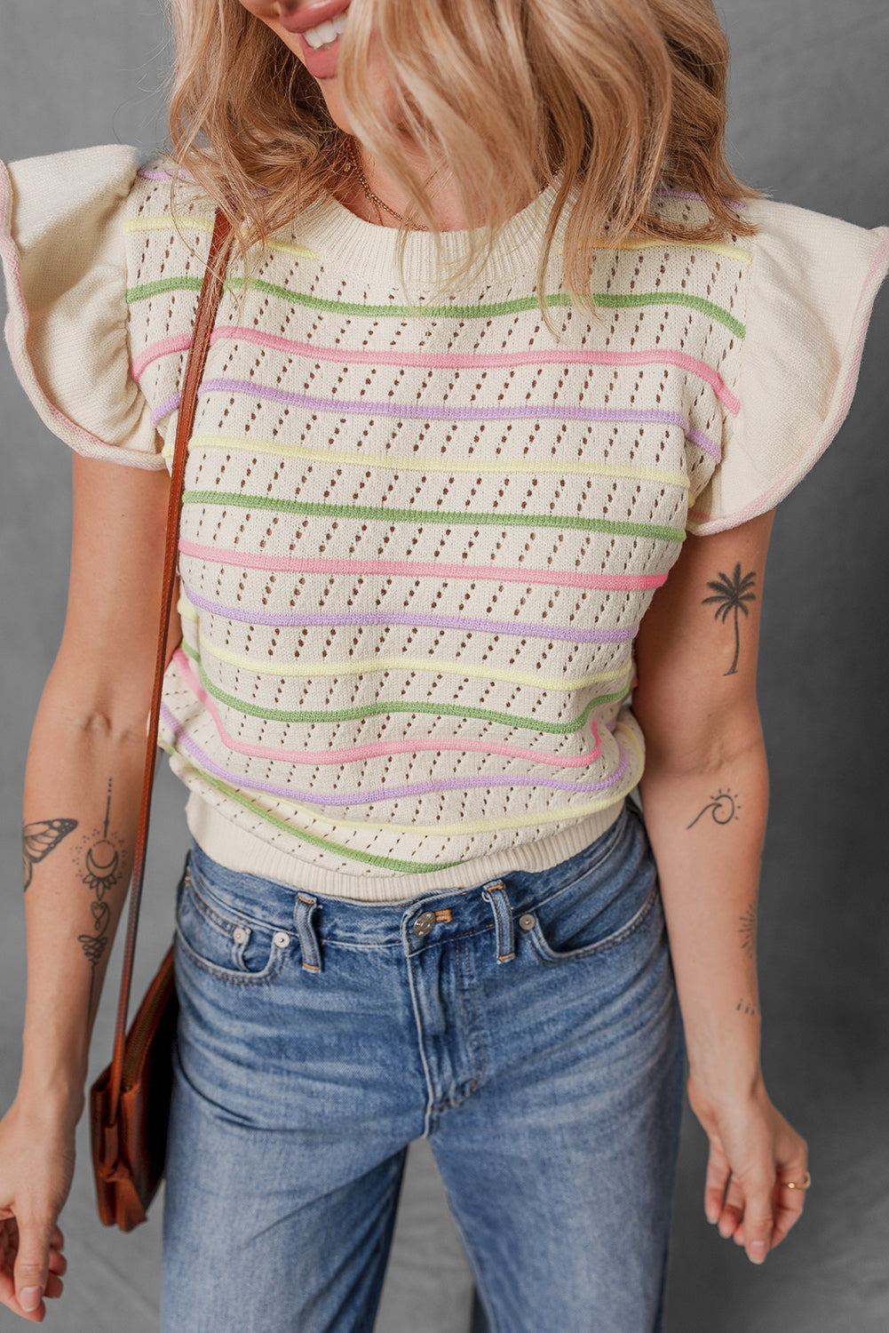 Oatmeal Colorful Striped Eyelet Knit Ruffle Top