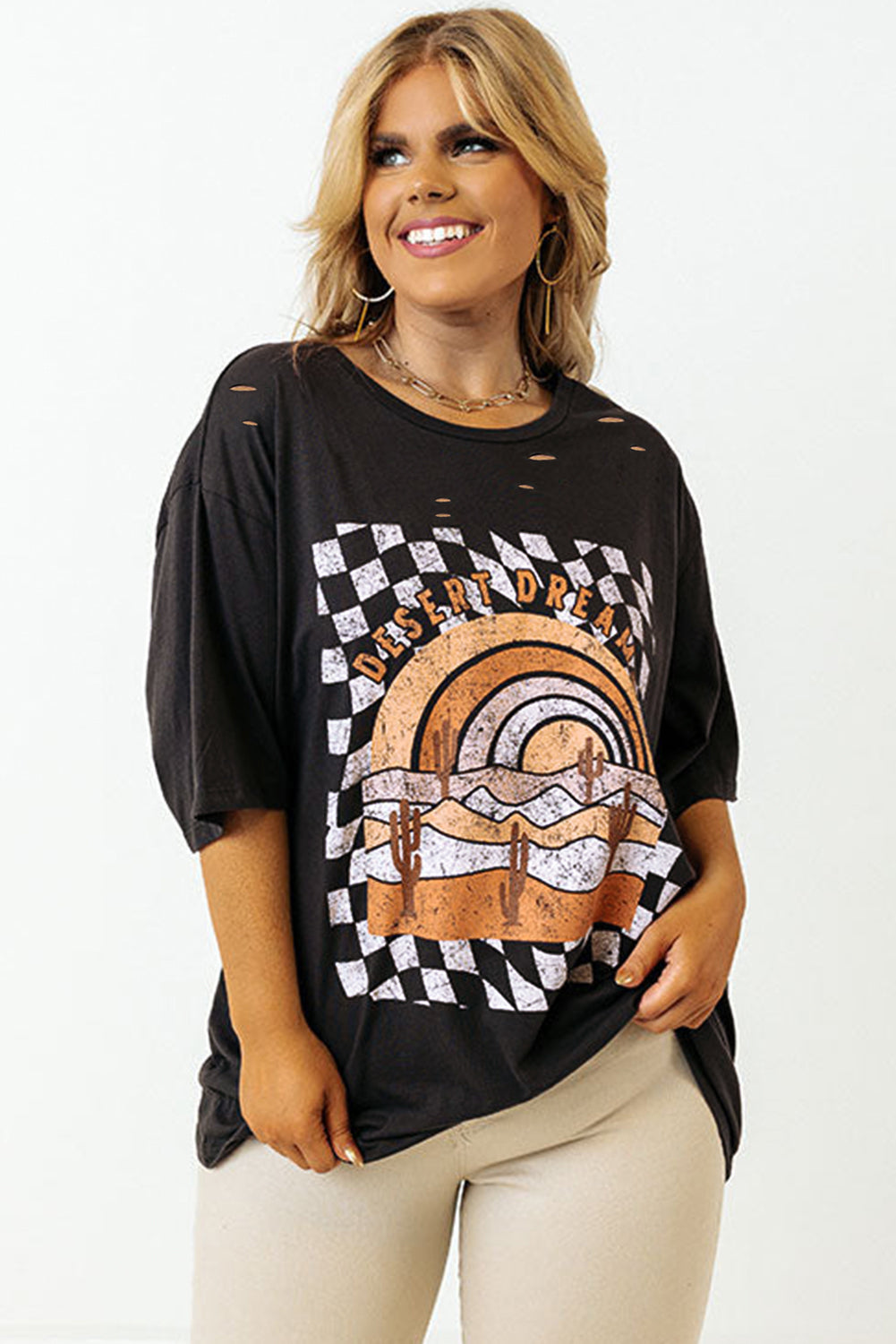 Black Checkered DESERT DREAMS Print Ripped Plus Size Tee