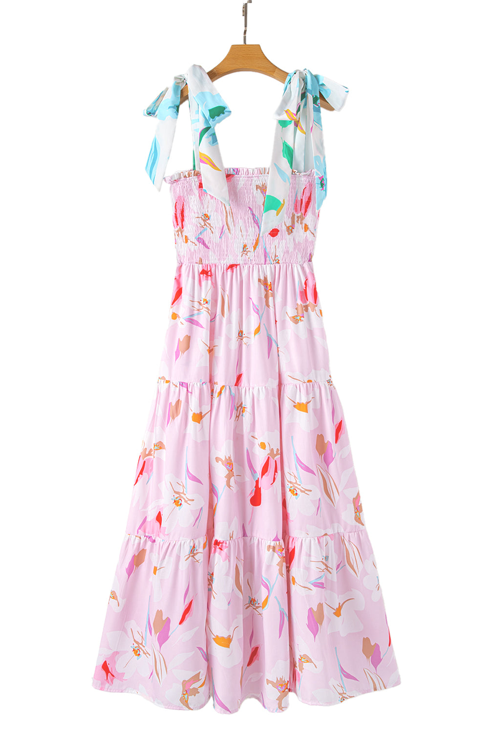 Pink Floral Print Knotted Shoulder Smocked Maxi Dress