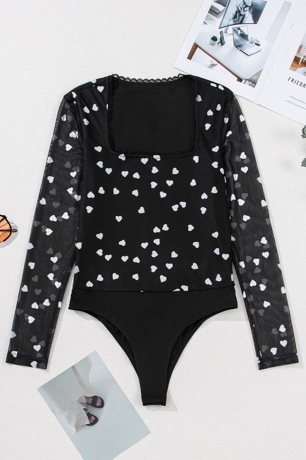 Black Heart Print Mesh Square Neck Slim Fit Bodysuit