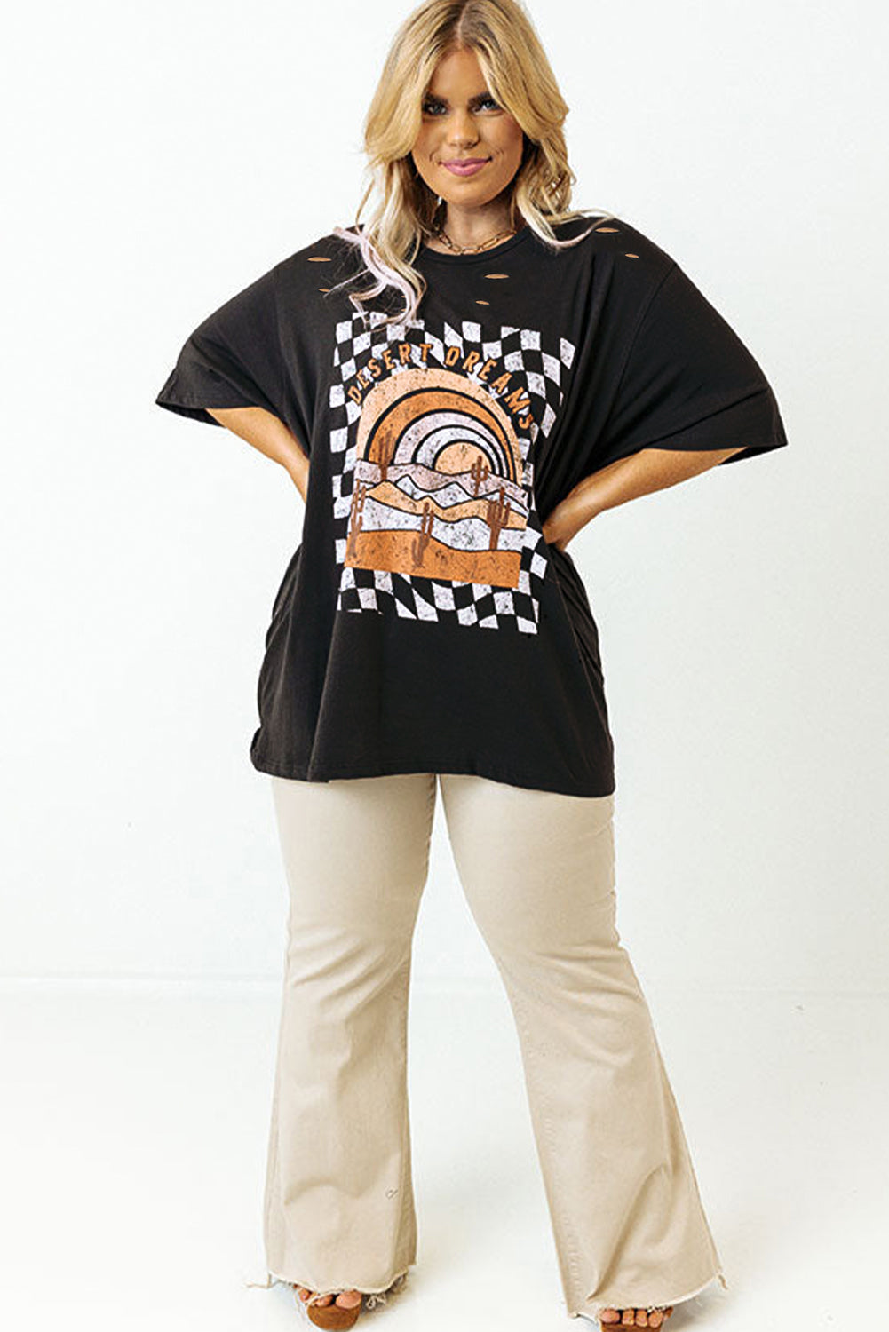 Black Checkered DESERT DREAMS Print Ripped Plus Size Tee