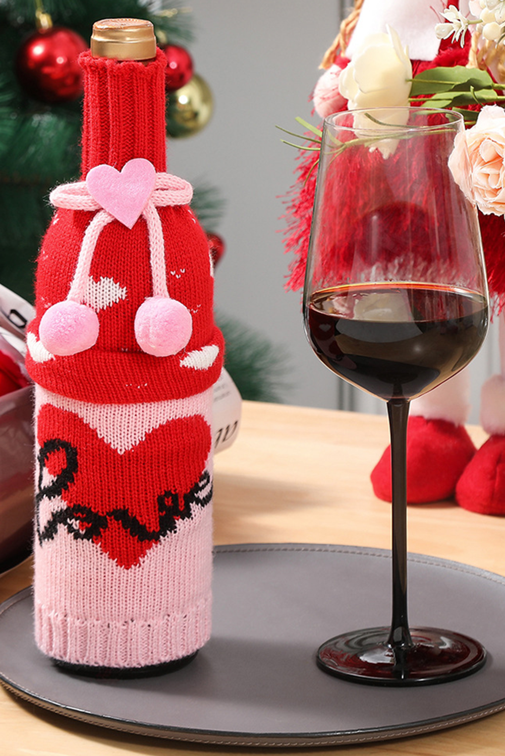 Racing Red Valentine Bow Pattern Wine Bottle Knit Sweater Cover