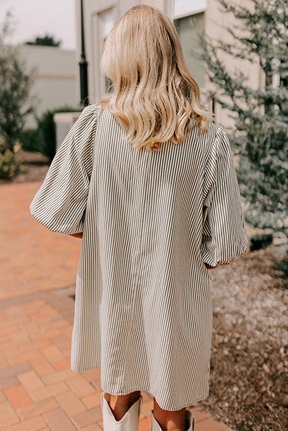 Green Patch Pockets Button Down Short Puff Sleeve Dress