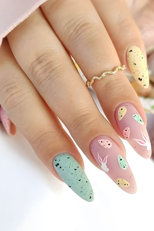 Pink Easter Bunny Egg Almond Shape Press On Nails