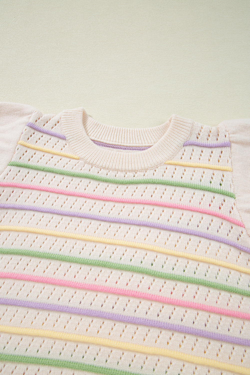 Oatmeal Colorful Striped Eyelet Knit Ruffle Top