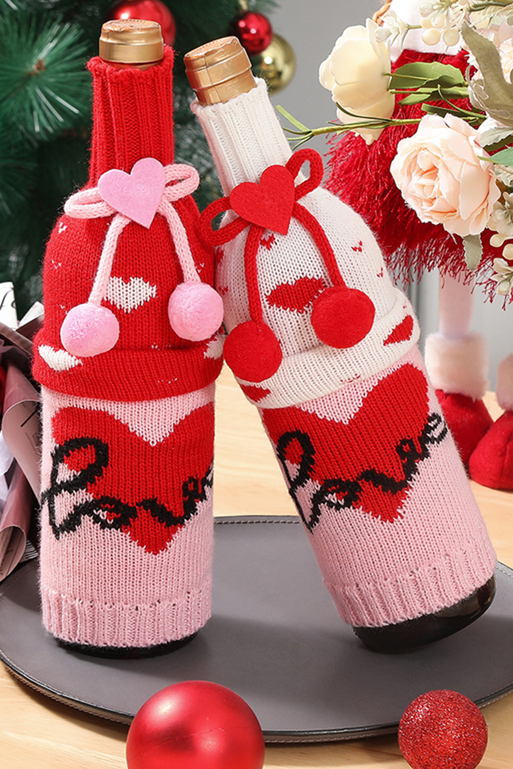 Racing Red Valentine Bow Pattern Wine Bottle Knit Sweater Cover