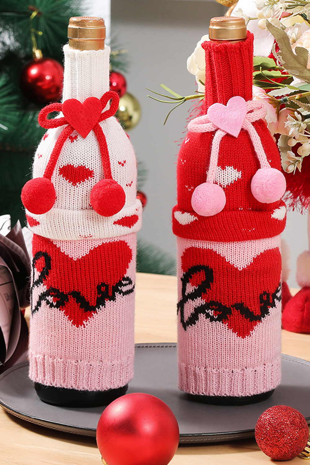 Racing Red Valentine Bow Pattern Wine Bottle Knit Sweater Cover