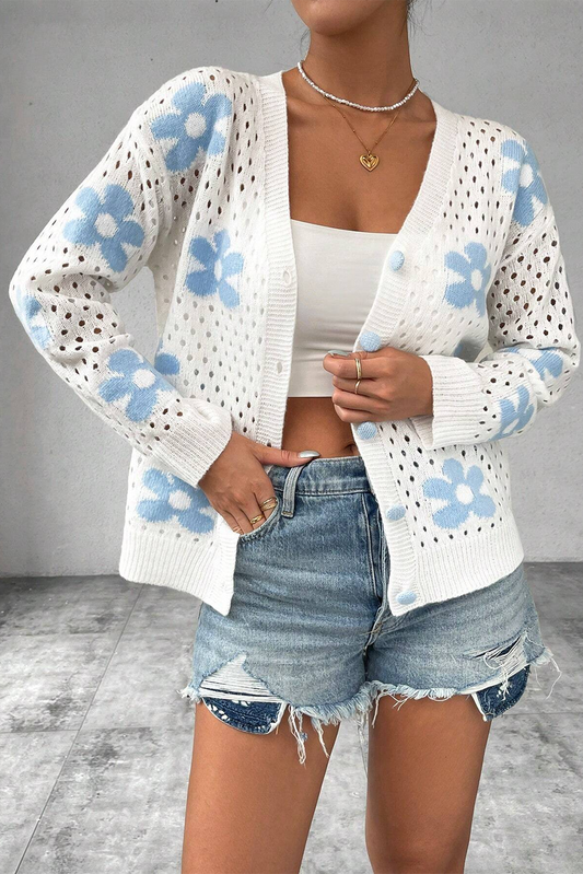 White Cute Flower Hollow Out Knit Short Cardigan