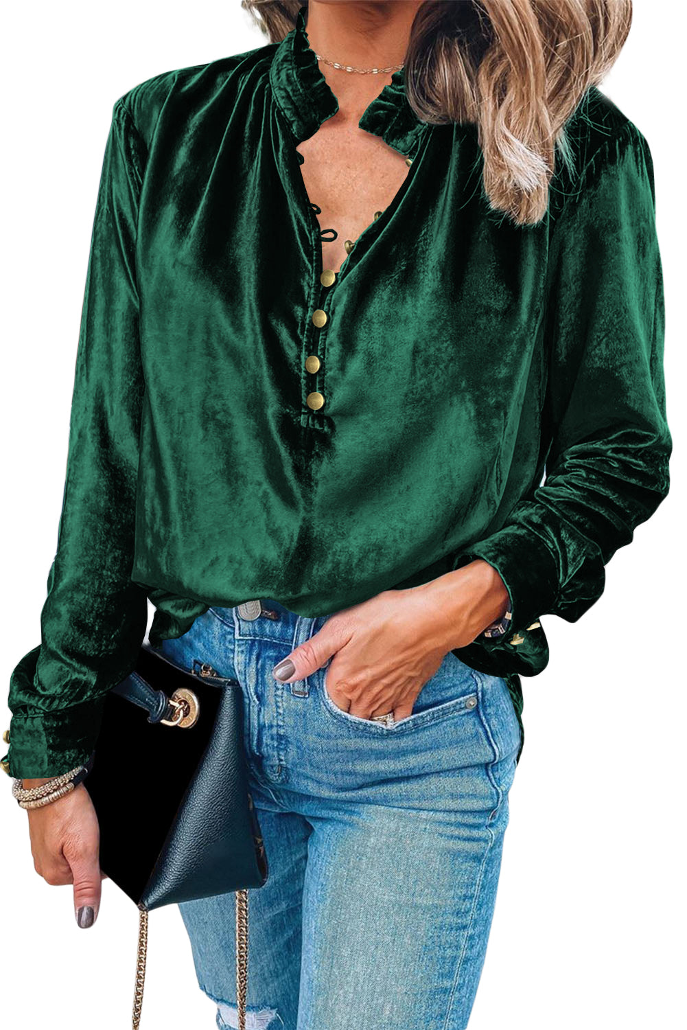 Blackish Green Frilled Neck Buttoned Front Velvet Top