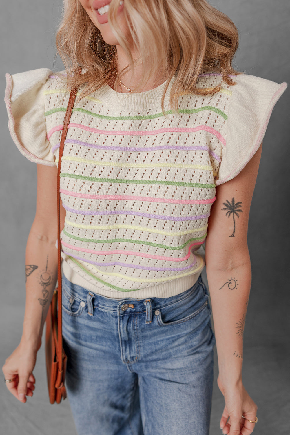 Oatmeal Colorful Striped Eyelet Knit Ruffle Top