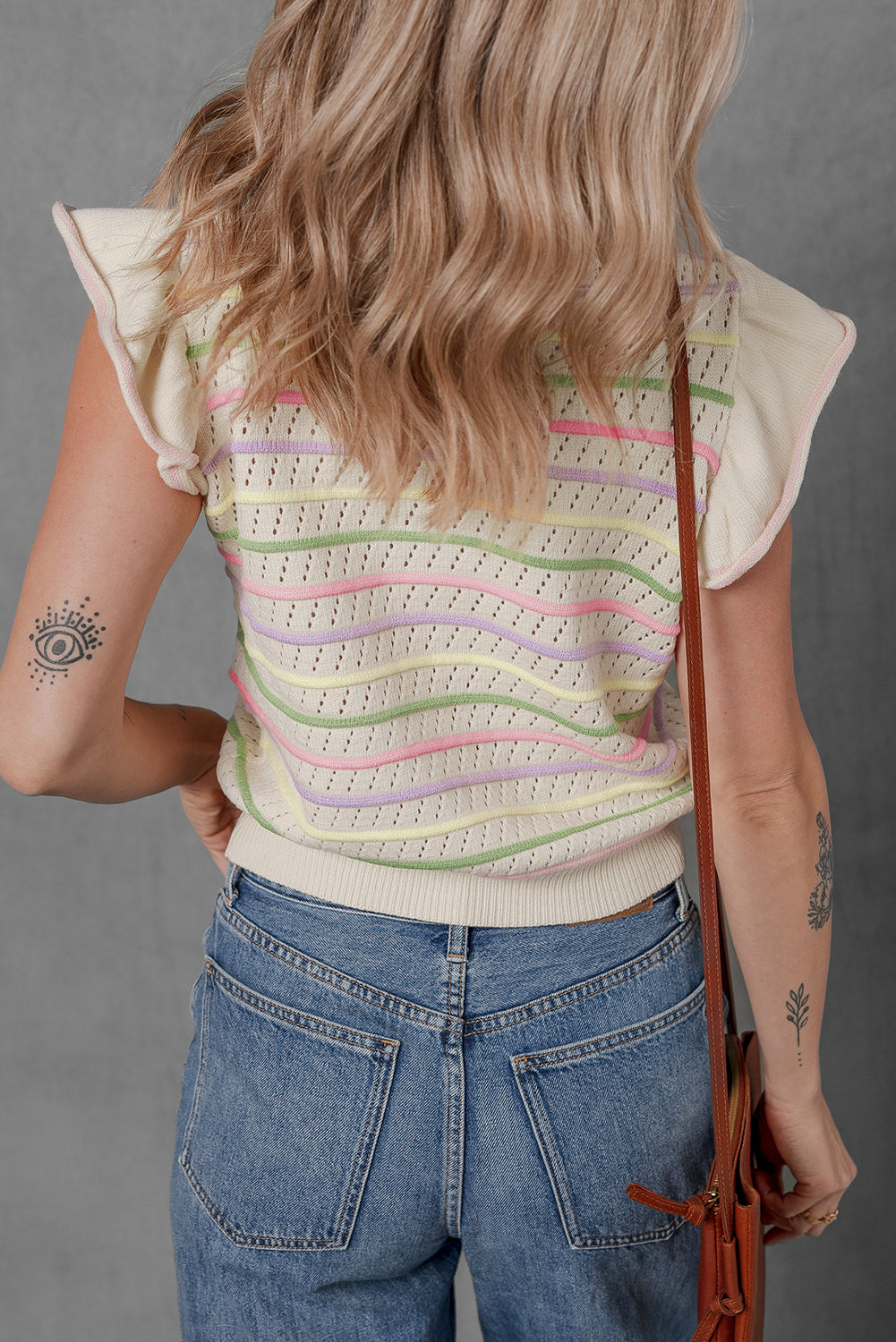 Oatmeal Colorful Striped Eyelet Knit Ruffle Top