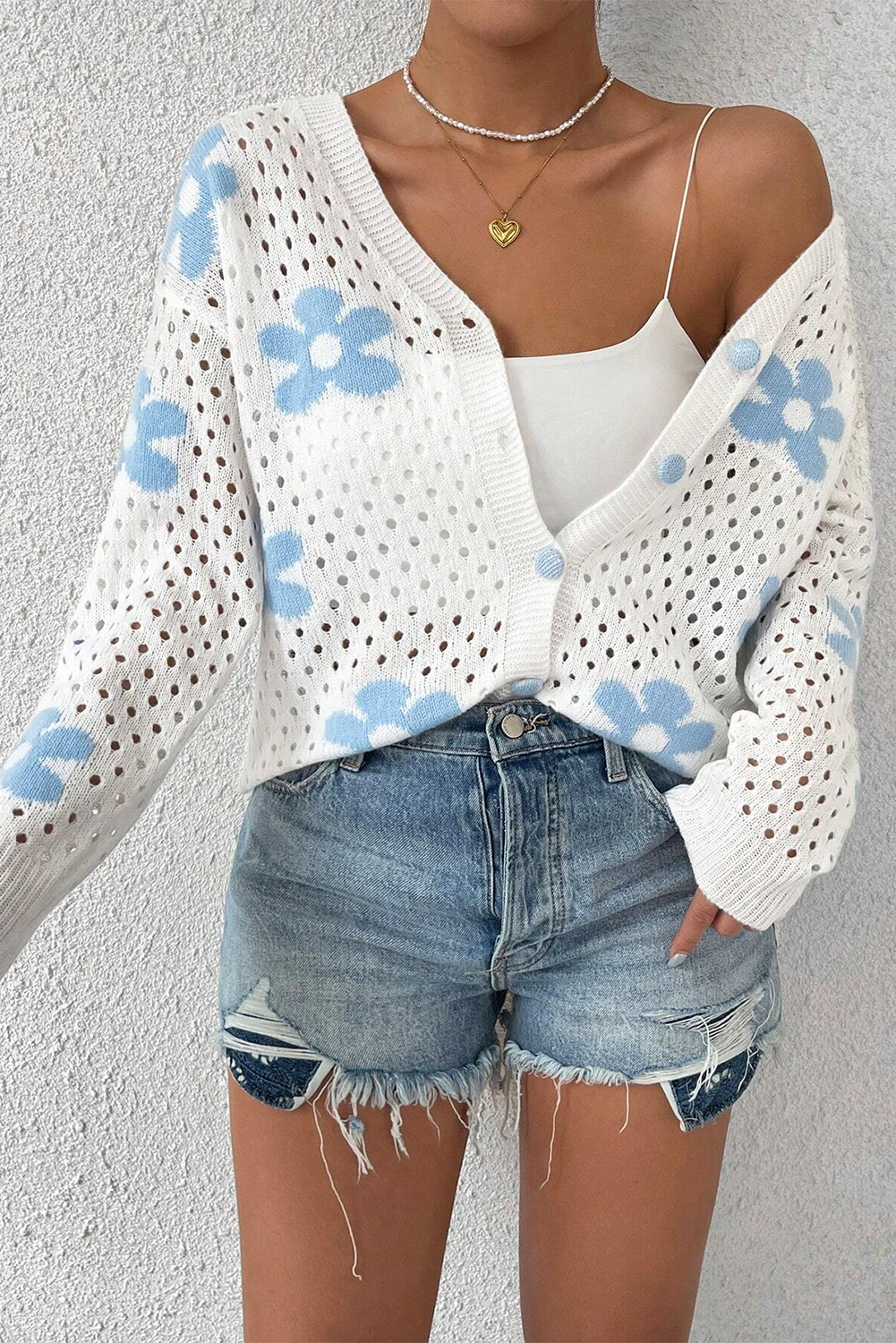 White Cute Flower Hollow Out Knit Short Cardigan