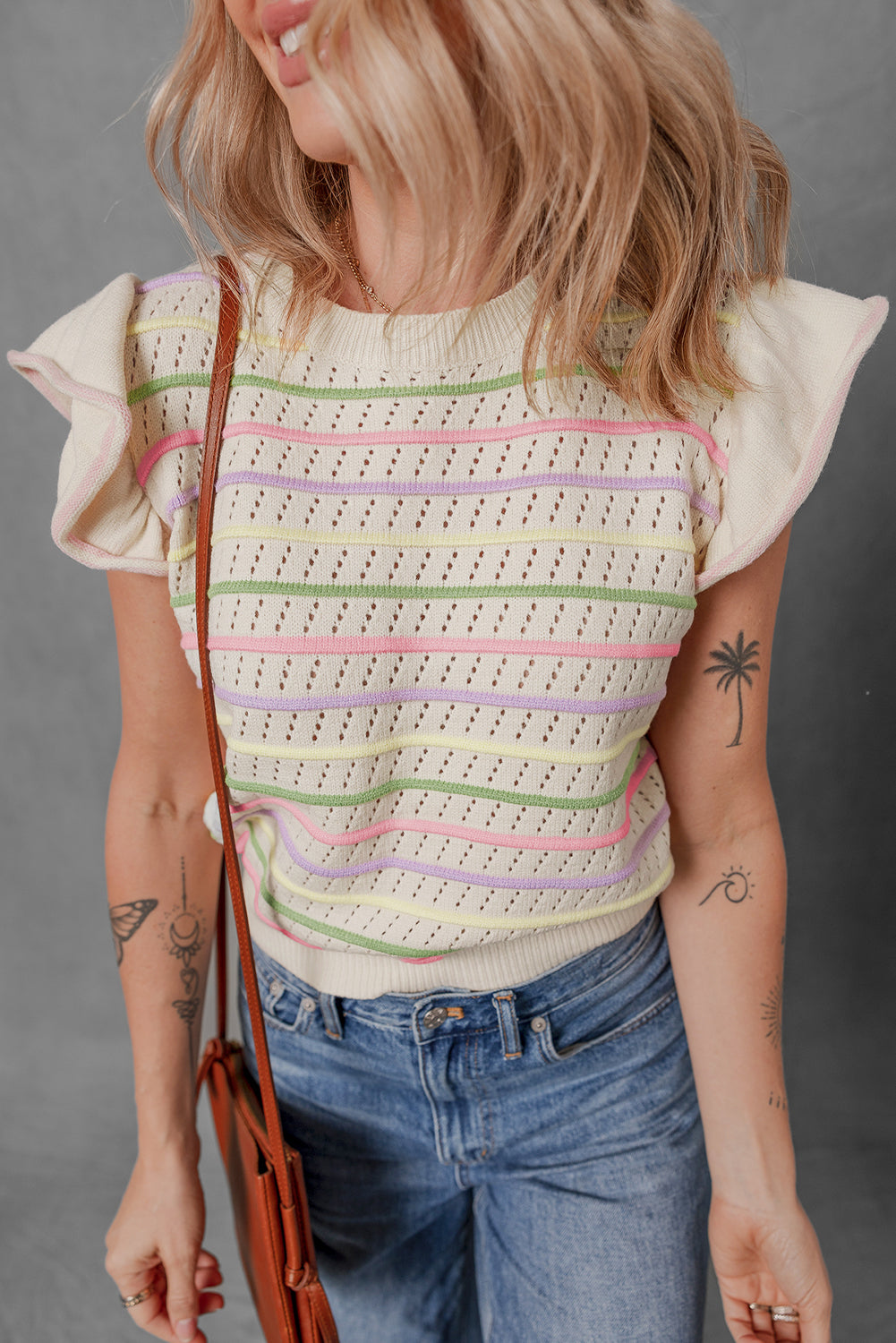 Oatmeal Colorful Striped Eyelet Knit Ruffle Top