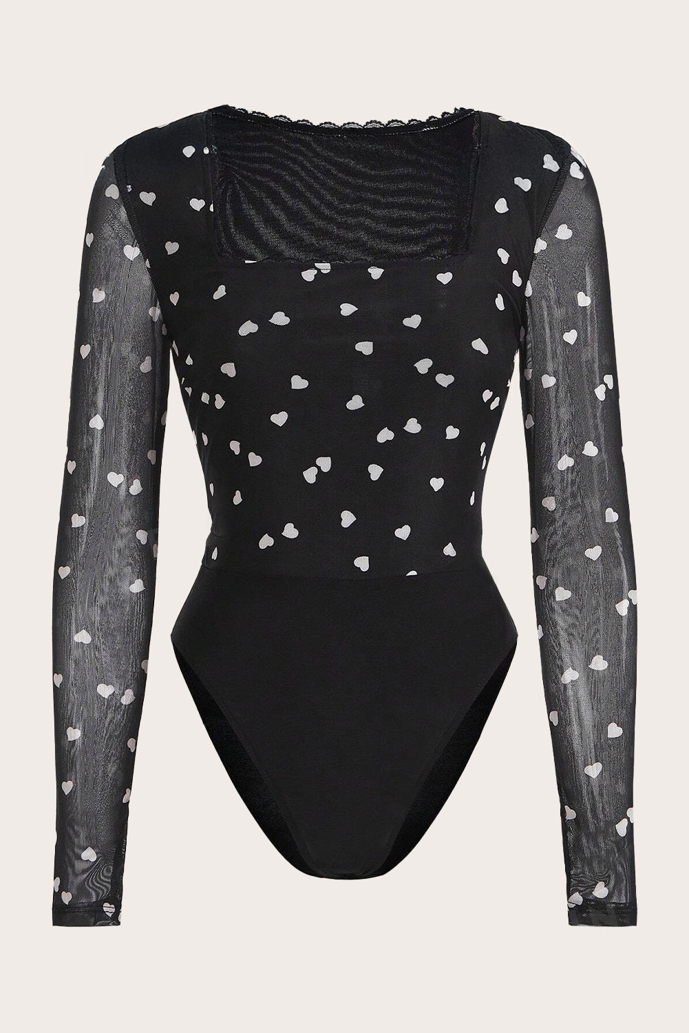 Black Heart Print Mesh Square Neck Slim Fit Bodysuit