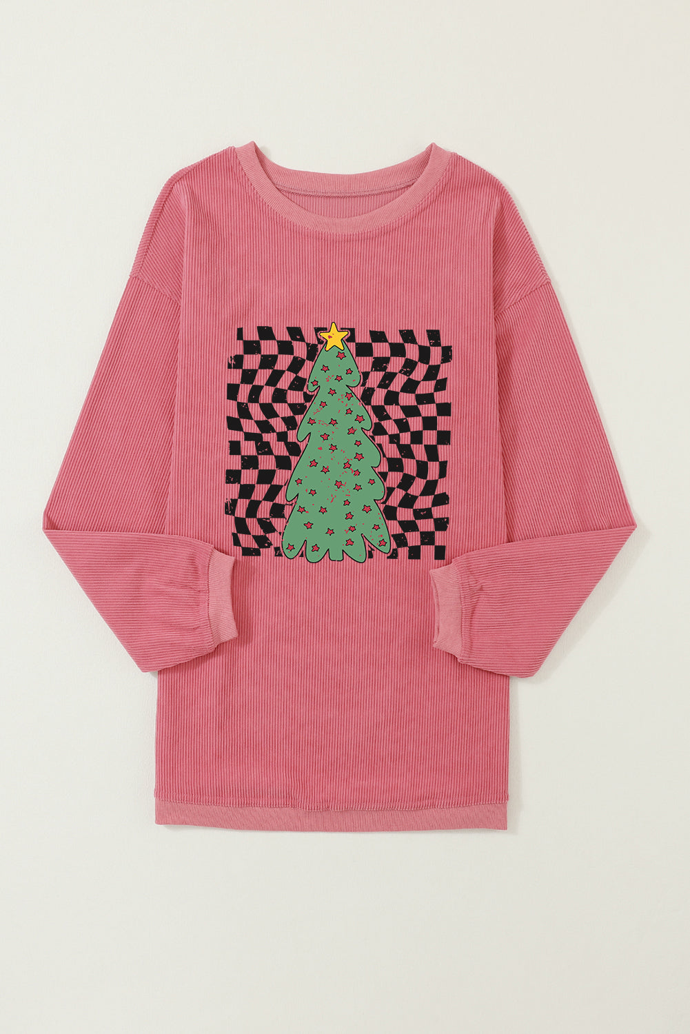 Strawberry Pink Christmas Tree Checkered Print Graphic Corded Sweatshirt